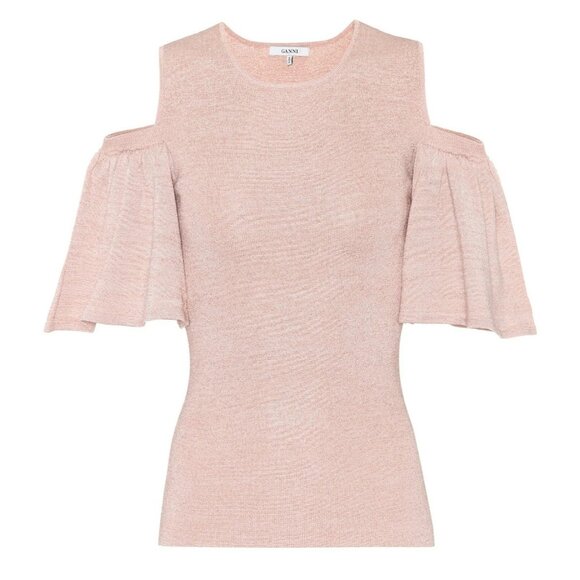 NWOT GANNI Romilly Pink Rose Metallic Knit Ruffle Cold Shoulder Blouse, Size M - Picture 3 of 12